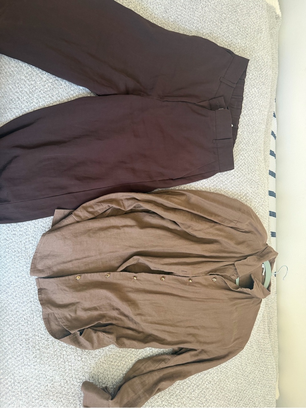 H&M Linen Button-Up Shirt and Trousers in Brown and Dark Brown